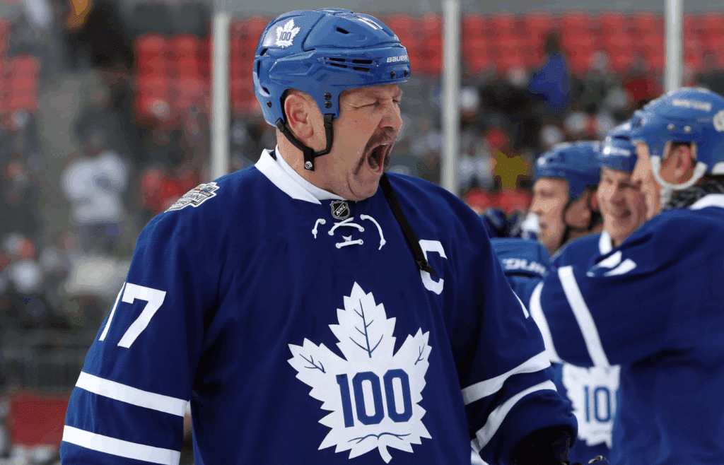 Dec 31, 2016; Toronto, ON, Canada; Toronto Maple Leafs forward Wendel Clark (17) yawns before the start of their game against the Detroit Red Wings during the 2017 Rogers NHL Centennial Classic Alumni Game at BMO Field. The Red Wings beat the Maple Leafs 4-3. Mandatory Credit: Tom Szczerbowski-Imagn Images