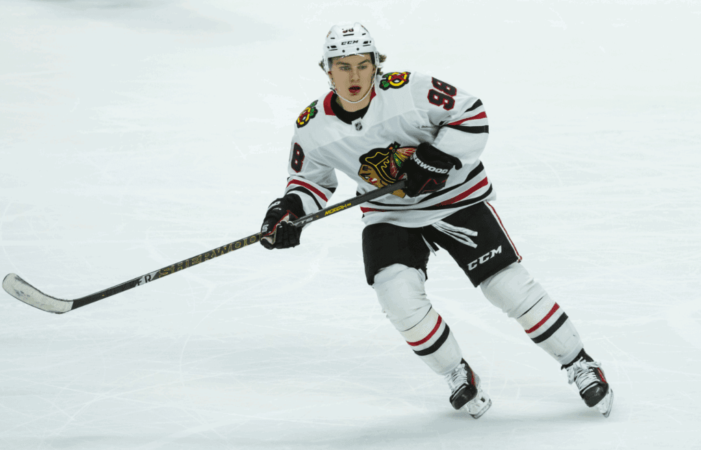 Apr 15, 2025; Ottawa, Ontario, CAN; Chicago Blackhawks center Connor Bedard (98) skates in the third period against the Ottawa Senators at the Canadian Tire Centre. Mandatory Credit: Marc DesRosiers-Imagn Images