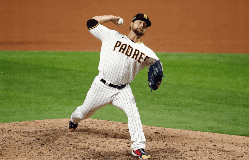 Oct 8, 2020; Arlington, Texas, USA; San Diego Padres relief pitcher Trevor Rosenthal (47), the eleventh pitcher for the team in the game, pitches against the Los Angeles Dodgers during the ninth inning during game three of the 2020 NLDS at Globe Life Field. Mandatory Credit: Kevin Jairaj-Imagn Images