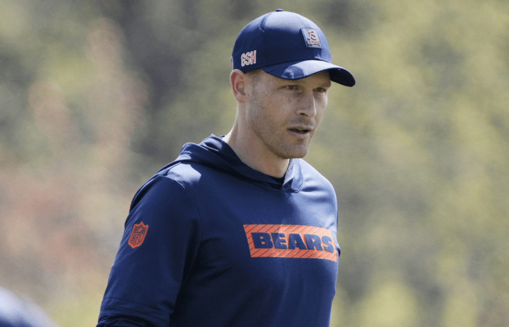 May 10, 2025; Lake Forest, IL, USA; Chicago Bears head coach Ben Johnson walks the field during rookie minicamp at Halas Hall. Mandatory Credit: David Banks-Imagn Images