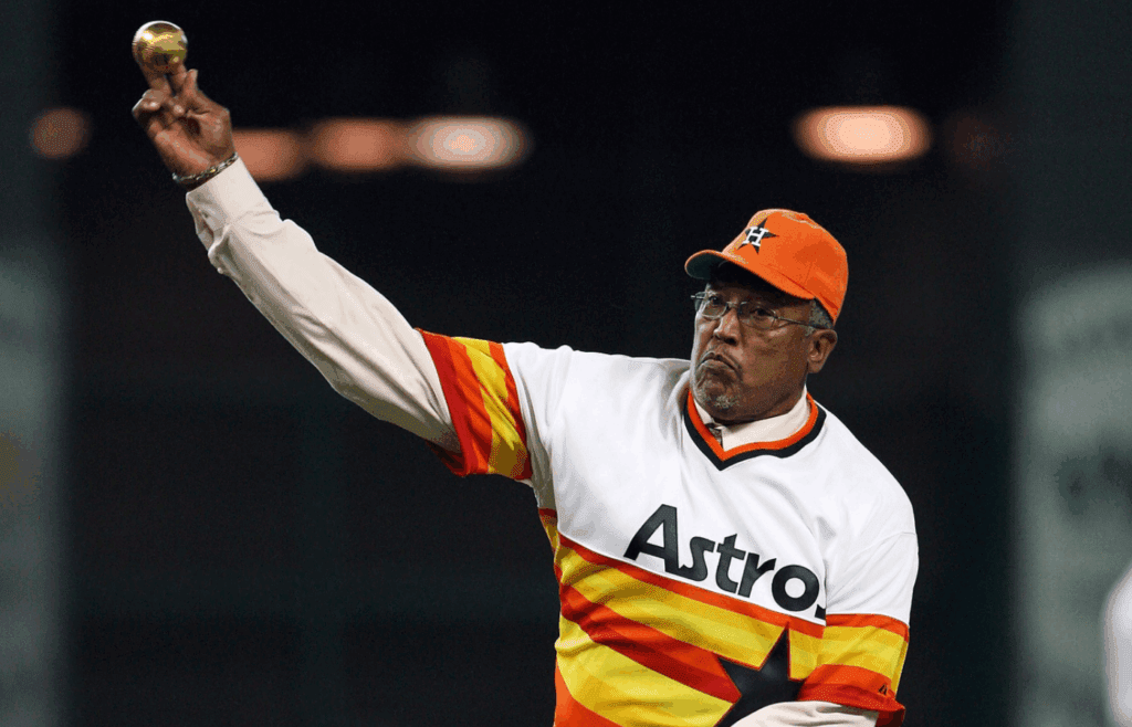 June 01, 2012; Houston, TX, USA; Former Houston Astros pitcher J.R. Richard throws out the first pitch before a game against the Cincinnati Reds at Minute Maid Park. Mandatory Credit: Troy Taormina-Imagn Images