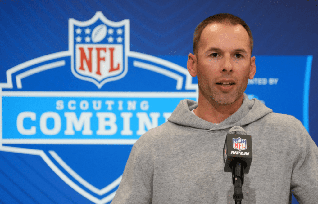 Feb 25, 2025; Indianapolis, IN, USA; Arizona Cardinals coach Jonathan Gannon speaks during the NFL Scouting Combine at the Indiana Convention Center. Mandatory Credit: Kirby Lee-Imagn Images