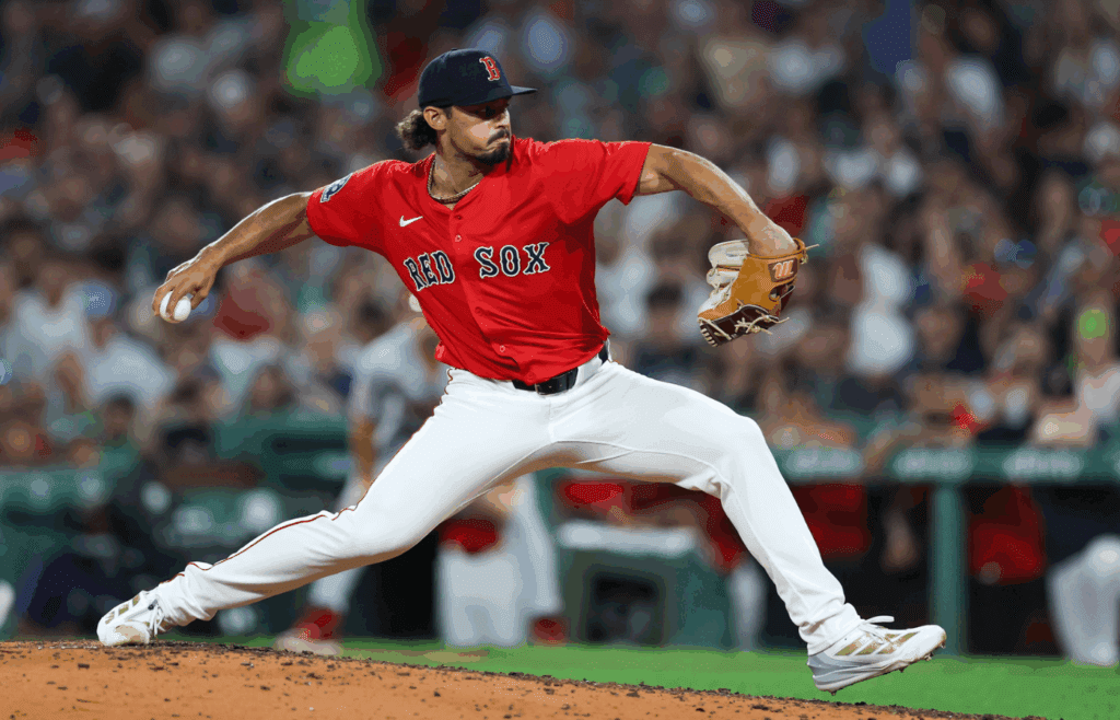Jul 2, 2025; Boston, Massachusetts, USA; Boston Red Sox relief pitcher Jordan Hicks (46) delivers a pitch during the seventh inning against the Cincinnati Reds at Fenway Park. Mandatory Credit: Paul Rutherford-Imagn Images