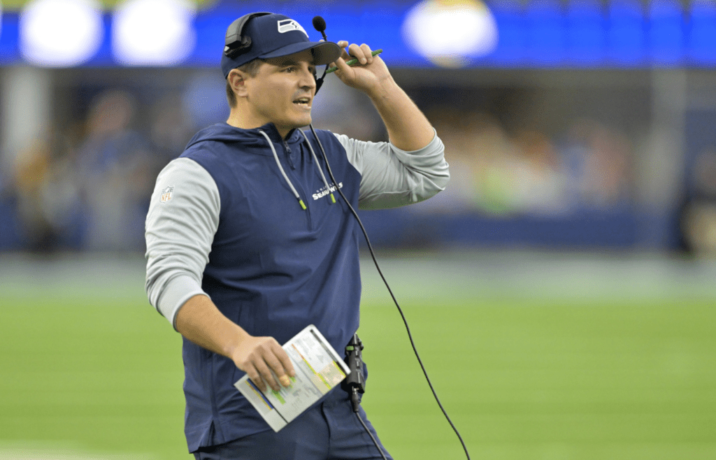 Jan 5, 2025; Inglewood, California, USA; Los Angeles Rams head coach Mike Macdonald on the sidelines in the fourth quarter of the game against the Los Angeles Rams at SoFi Stadium. Mandatory Credit: Jayne Kamin-Oncea-Imagn Images