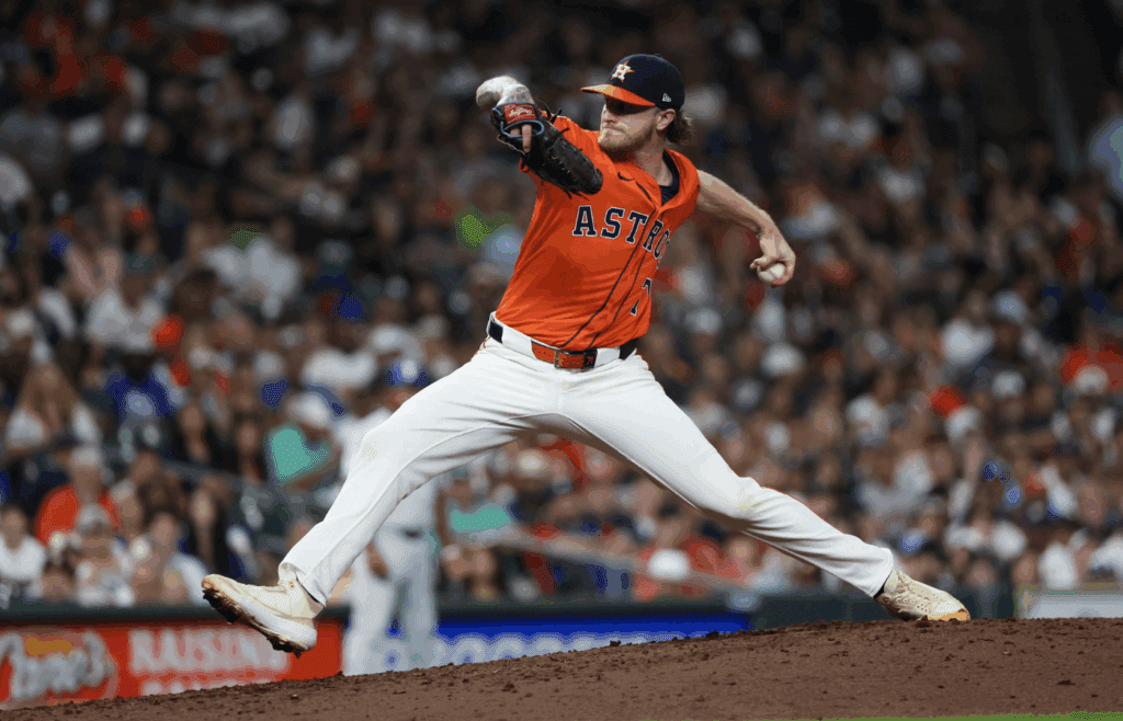 Jul 12, 2025; Houston, Texas, USA; Houston Astros relief pitcher Josh Hader (71) pitches against the Texas Rangers in the ninth inning at Daikin Park. Mandatory Credit: Thomas Shea-Imagn Image