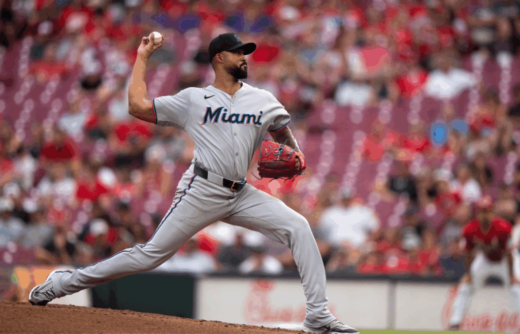 Miami Marlins pitcher Sandy Alcantara (22) delivers a pitch in the second inning between Cincinnati Reds and Miami Marlins at Great American Ball Park in Cincinnati on Wednesday, July 9, 2025.