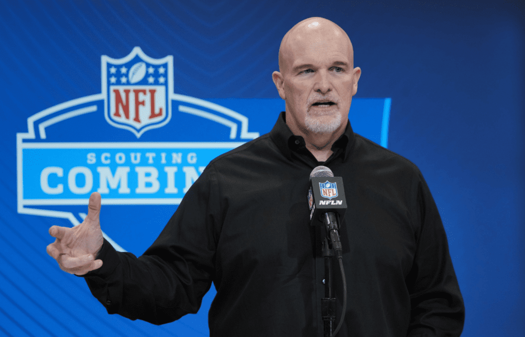 Feb 27, 2025; Indianapolis, IN, USA; Washington Commanders coach Dan Quinn speaks during the 2025 NFL Scouting Combine at the Indiana Convention Center. Mandatory Credit: Kirby Lee-Imagn Images
