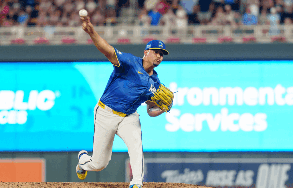 Jul 11, 2025; Minneapolis, Minnesota, USA; Minnesota Twins pitcher Jhoan Duran (59) pitches to Pittsburgh Pirates shortstop Isiah Kiner-Falefa (7) for the final out in the ninth inning at Target Field. Mandatory Credit: Matt Blewett-Imagn Images