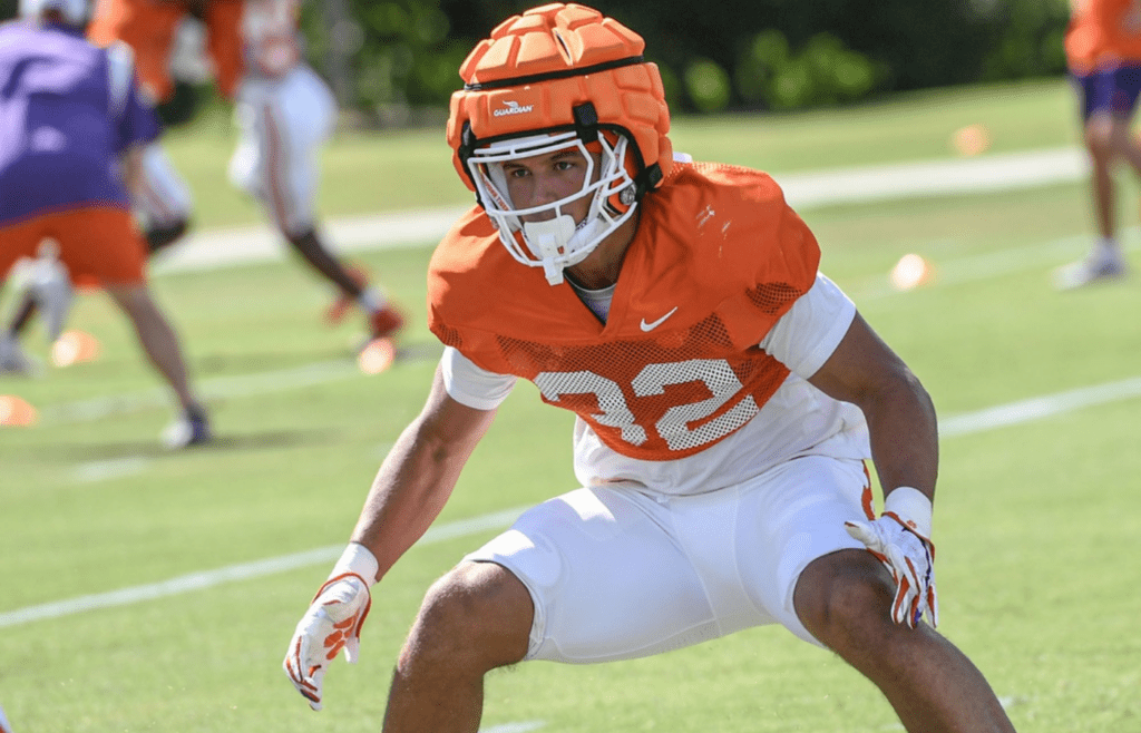 Aug 7, 2024; Clemson, South Carolina, USA; Clemson linebacker Jamal Anderson (32) during Clemson football practice at Jervey Meadows in Clemson, S.C. Mandatory Credit: Ken Ruinard-Imagn Images
