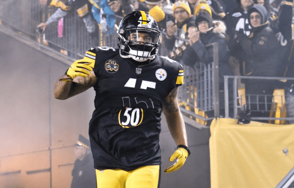 Dec 10, 2017; Pittsburgh, PA, USA; Pittsburgh Steelers fullback Roosevelt Nix (45) runs onto the field wearing a shirt in honor of teammate Ryan Shazier (50) before playing the Baltimore Ravens at Heinz Field. Mandatory Credit: Philip G. Pavely-Imagn Images