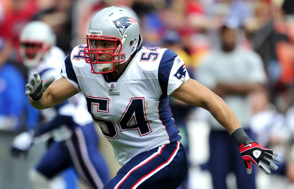 Oct 5, 2008; San Francisco, CA, USA; New England Patriots linebacker Tedy Bruschi (54) during the Patriots 30-21 victory over the San Francisco 49ers at Monster Park. Mandatory Credit: Kirby Lee/Image of Sport-Imagn Images
