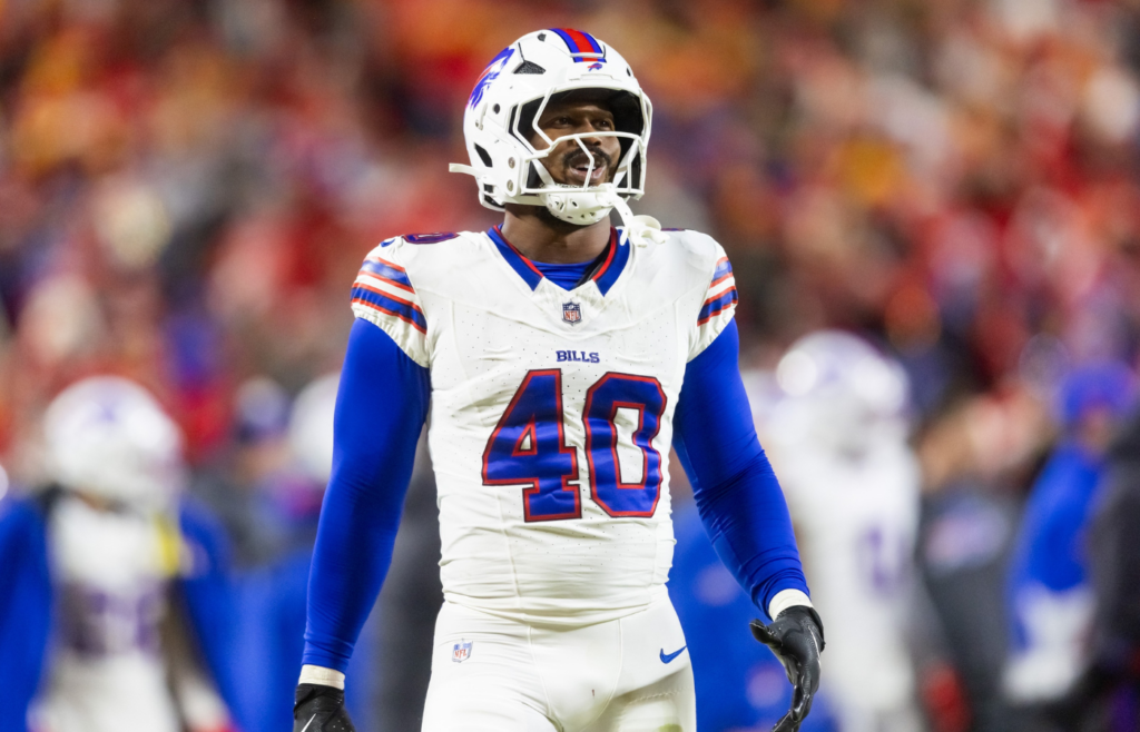 Jan 26, 2025; Kansas City, MO, USA; Buffalo Bills linebacker Von Miller (40) against the Kansas City Chiefs during the AFC Championship game at GEHA Field at Arrowhead Stadium. Mandatory Credit: Mark J. Rebilas-Imagn Images