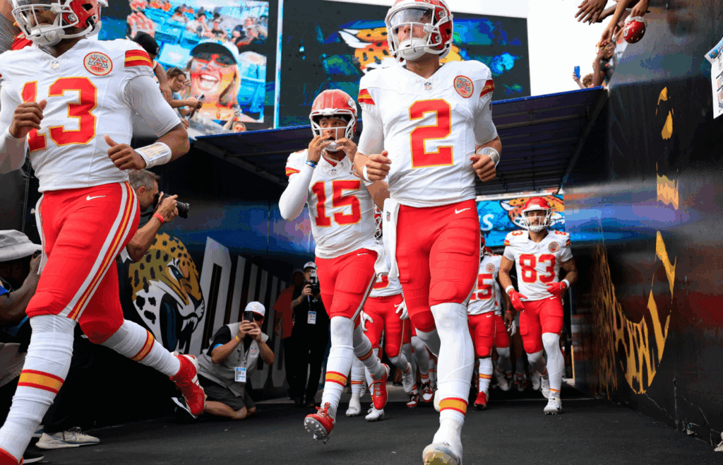 Kansas City Chiefs quarterback Patrick Mahomes (15) leads his team onto the field before a preseason NFL football game