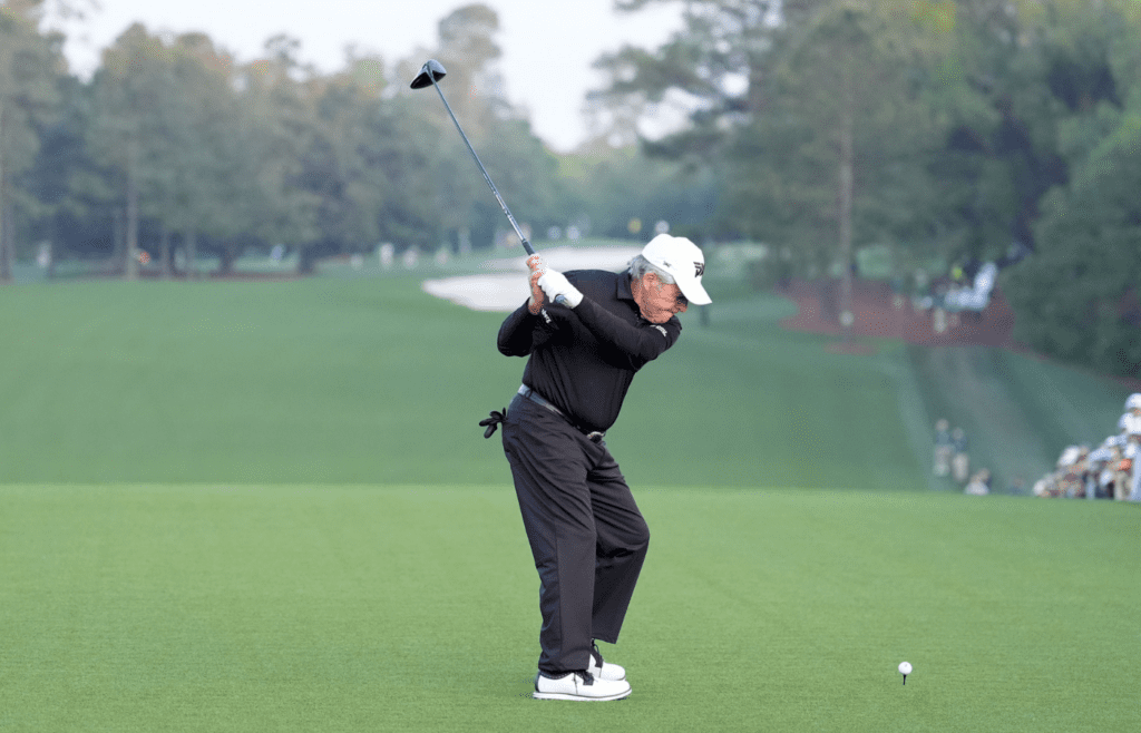 Apr 10, 2025; Augusta, Georgia, USA; Gary Player tees off on no. 1 as an honorary starter during the first round of the Masters Tournament. Mandatory Credit: Katie Goodale-Imagn Images