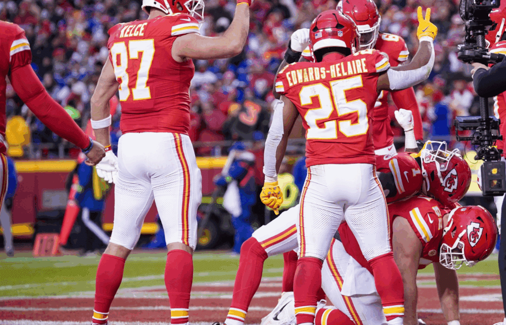 Jerick McKinnon celebrates with team mates after a score against the Buffalo Bills