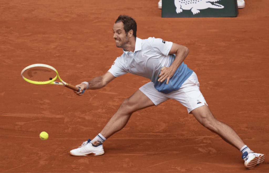 May 29, 2025; Paris, FR; Richard Gasquet of France returns a shot during his match against Jannik Sinner of Italy on day five at Roland Garros Stadium. Mandatory Credit: Susan Mullane-Imagn Images
