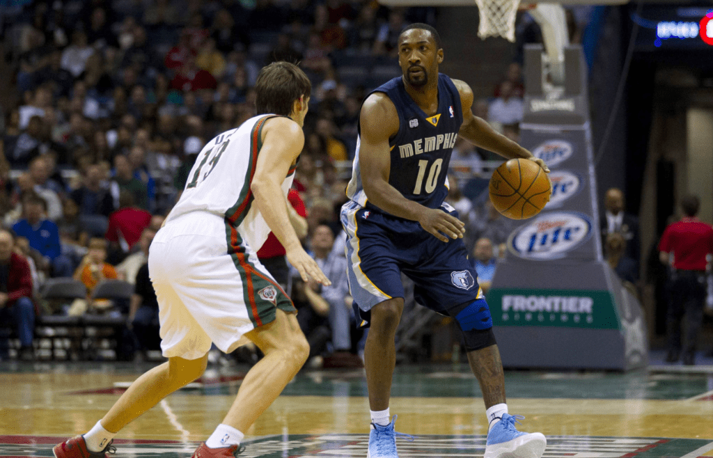 Mar 31, 2012; Milwaukee, WI, USA; Memphis Grizzlies guard Gilbert Arenas (10) during the game against the Milwaukee Bucks at the Bradley Center. The Grizzlies defeated the Bucks 99-95. Mandatory Credit: Jeff Hanisch-Imagn Images
