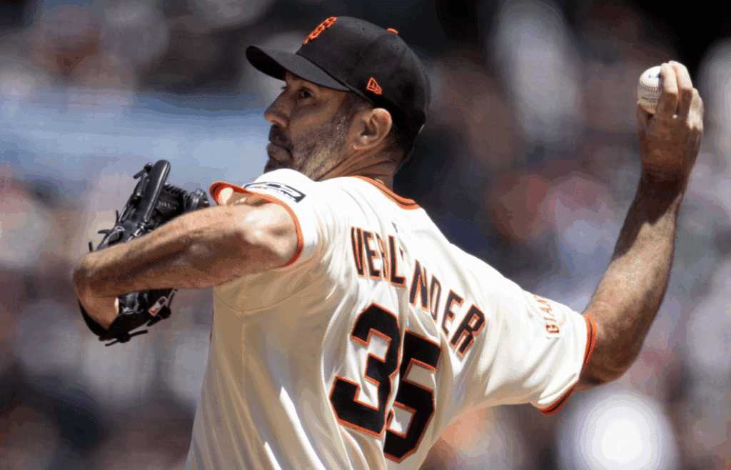 Jul 9, 2025; San Francisco, California, USA; San Francisco Giants starting pitcher Justin Verlander (35) delivers a pitch against the Philadelphia Phillies during the second inning at Oracle Park. Mandatory Credit: D. Ross Cameron-Imagn Images