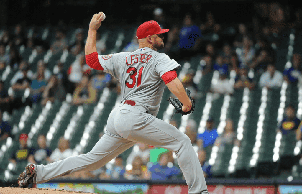 Sep 20, 2021; Milwaukee, Wisconsin, USA; St. Louis Cardinals starting pitcher Jon Lester (31) delivers against the Milwaukee Brewers in the first inning at American Family Field. Mandatory Credit: Michael McLoone-Imagn Images