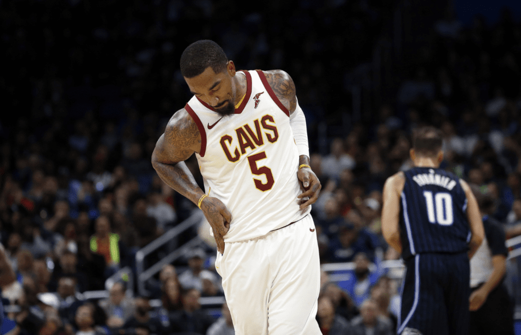 Jan 6, 2018; Orlando, FL, USA; Cleveland Cavaliers guard J.R. Smith (5) celebrates after making a three pointer against the Orlando Magic during the second half at Amway Center. Mandatory Credit: Kim Klement-Imagn Images