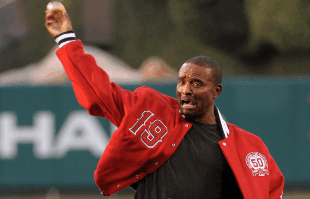 May 23, 2011; Anaheim, CA, USA; Los Angeles Angels former player Tony Phillips throws out the first pitch before the game against the Oakland Athletics at Angel Stadium. Mandatory Credit: Kirby Lee/Image of Sport-Imagn Images