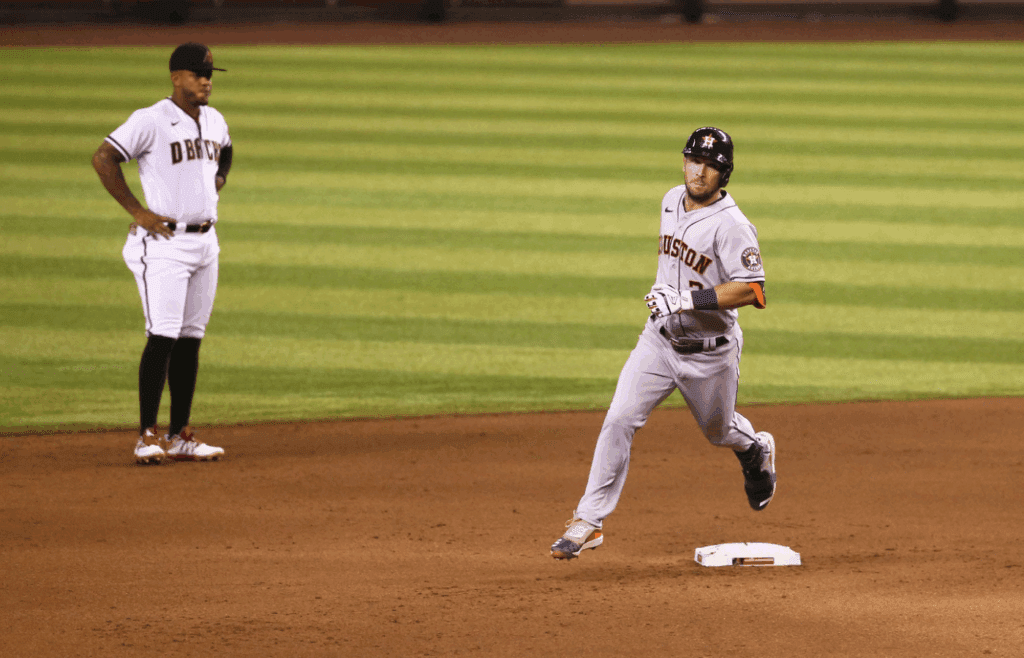 Aug 6, 2020; Phoenix, AZ, USA; Houston Astros Alex Bregman (2) hits a 2-run home run against the Arizona Diamondbacks in the eighth inning at Chase Field. Mandatory Credit: Rob Schumacher/The Arizona Republic via USA TODAY NETWORK Mlb Houston Astros At Arizona Diamondbacks