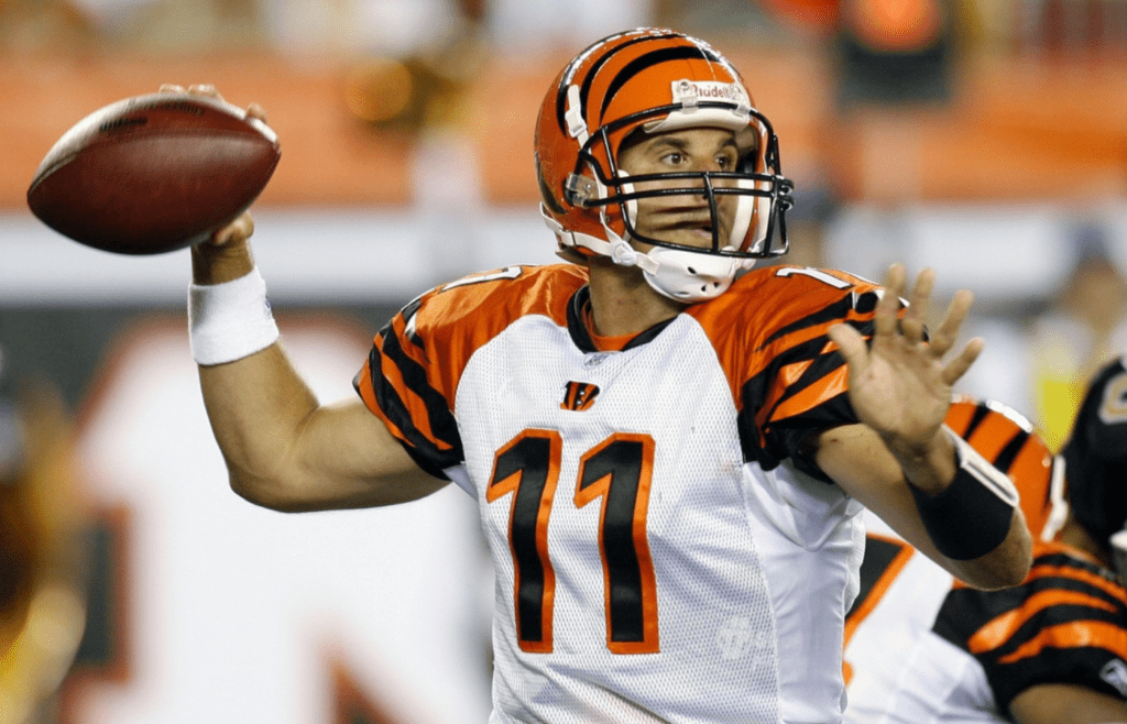 Aug 18, 2007; Cincinnati, OH, USA; Cincinnati Bengals quarterback Doug Johnson (11) throws against the New Orleans Saints at Paul Brown Stadium. Mandatory Credit: Photo By Frank Victores- Imagn Images