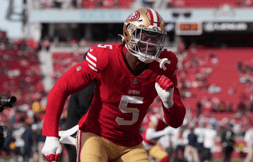Dec 10, 2023; Santa Clara, California, USA; San Francisco 49ers linebacker Randy Gregory (5) warms up before the game against the Seattle Seahawks at Levi's Stadium. Mandatory Credit: Darren Yamashita-Imagn Images