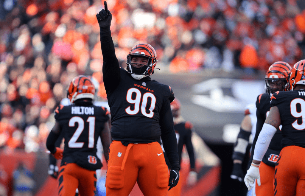 Cincinnati Bengals defensive tackle Kris Jenkins Jr. (90) celebrates a sack during the first quarter against the Cleveland Browns at Paycor Stadium.