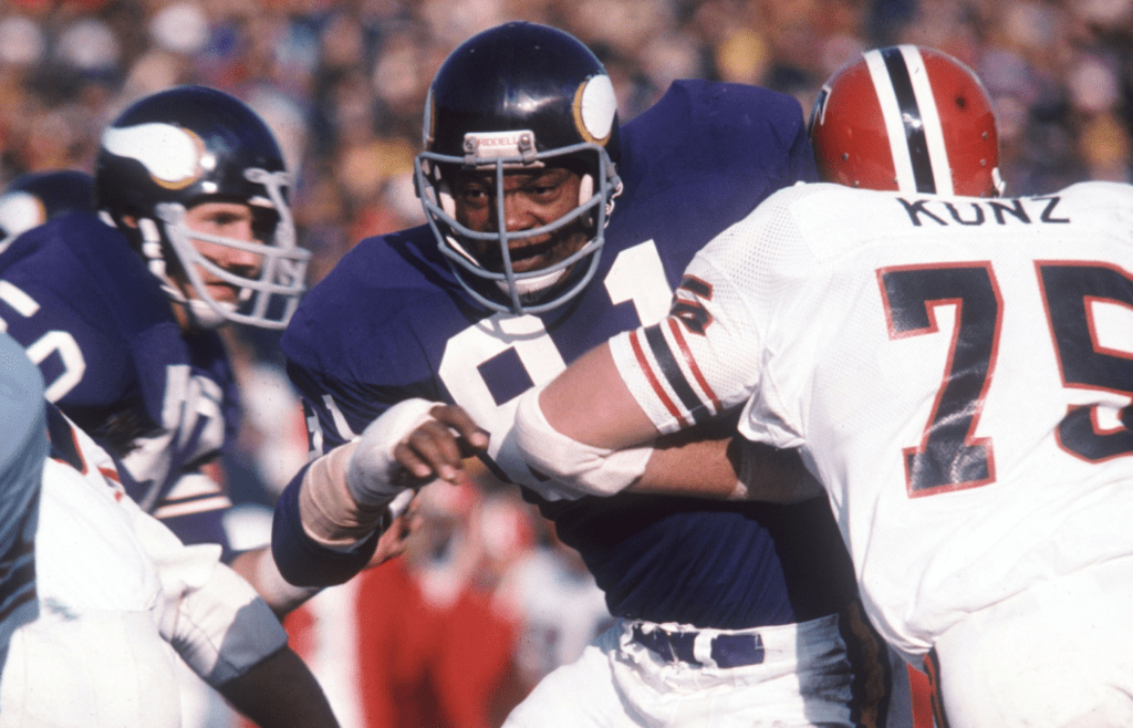 Minnesota Vikings defensive end (81) Carl Eller in action against the Atlanta Falcons at Metropolitan Stadium.