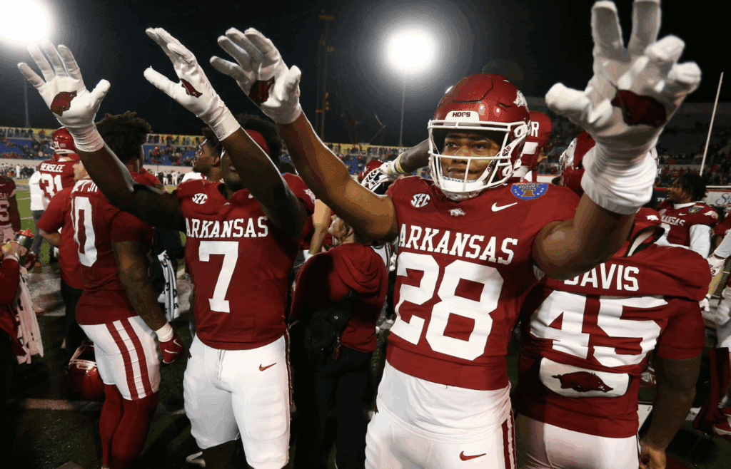 Dec 27, 2024; Memphis, TN, USA; Arkansas Razorbacks linebacker Bradley Shaw (7) and linebacker Justin Logan (28) react after defeating the Texas Tech Red Raiders at Simmons Bank Liberty Stadium. Mandatory Credit: Petre Thomas-Imagn Images