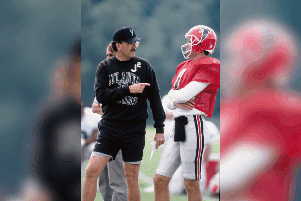 1991, Atlanta, GA, USA; FILE PHOTO; Atlanta Falcons head coach June Jones (left) talks with quarterback Jeff George (1) during training camp. Mandatory Credit: Manny Rubio-Imagn Images