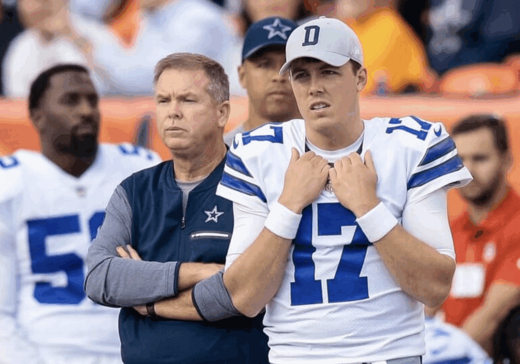 Sep 17, 2017; Denver, CO, USA; Dallas Cowboys quarterback Kellen Moore (17) in the fourth quarter against the Denver Broncos at Sports Authority Field at Mile High. Mandatory Credit: Isaiah J. Downing-USA TODAY Sports