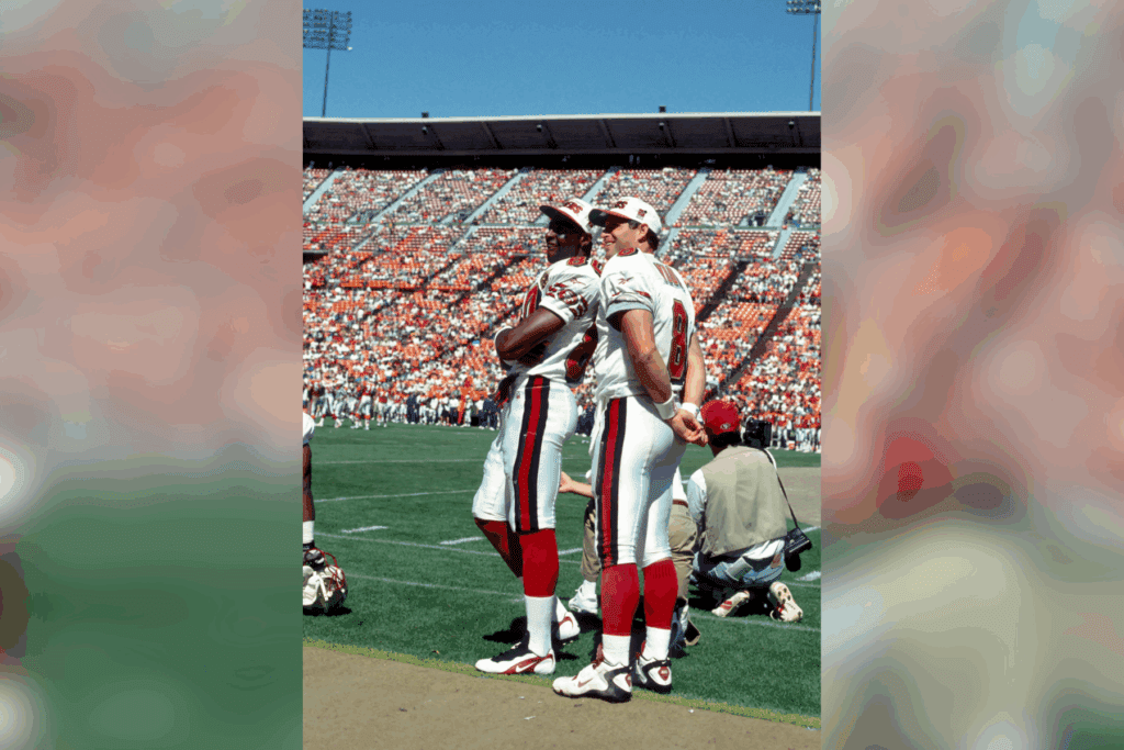 Aug 3, 1996; San Francisco, CA, USA; FILE PHOTO; San Francisco 49ers receiver #80 JERRY RICE and #8 STEVE YOUNG during a pre-season game against the Denver Broncos at Candlestick Park. Mandatory Credit: Photo By Imagn Images (c) Copyright Imagn Images
