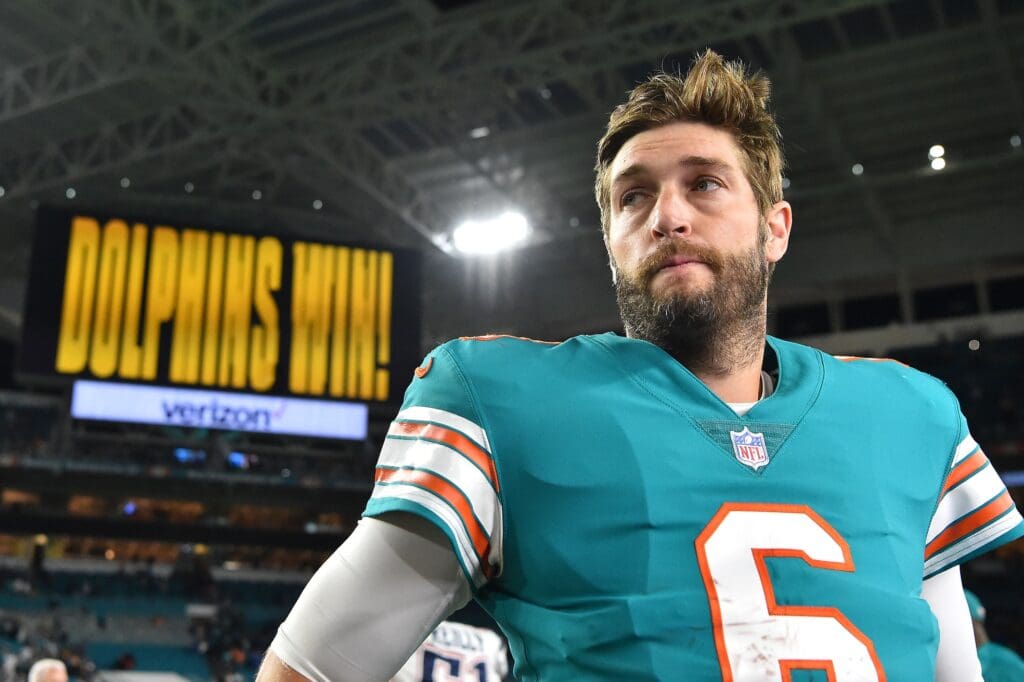 Dec 11, 2017; Miami Gardens, FL, USA; Miami Dolphins quarterback Jay Cutler (6) looks on after defeating the New England Patriots at Hard Rock Stadium. Mandatory Credit: Jasen Vinlove-USA TODAY Sports