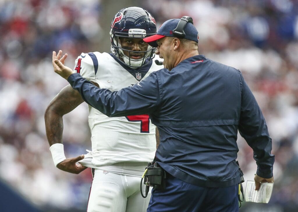 Sep 23, 2018; Houston, TX, USA; Houston Texans quarterback Deshaun Watson (4) talks with head coach Bill O'Brien during the fourth quarter against the New York Giants at NRG Stadium. Mandatory Credit: Troy Taormina-USA TODAY Sports