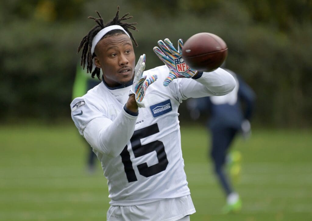 Oct 11, 2018, Watford, United Kingdom; Seattle Seahawks wide receiver Brandon Marshall (15) catches the ball during practice at The Grove. Mandatory Credit: Kirby Lee-USA TODAY Sports
