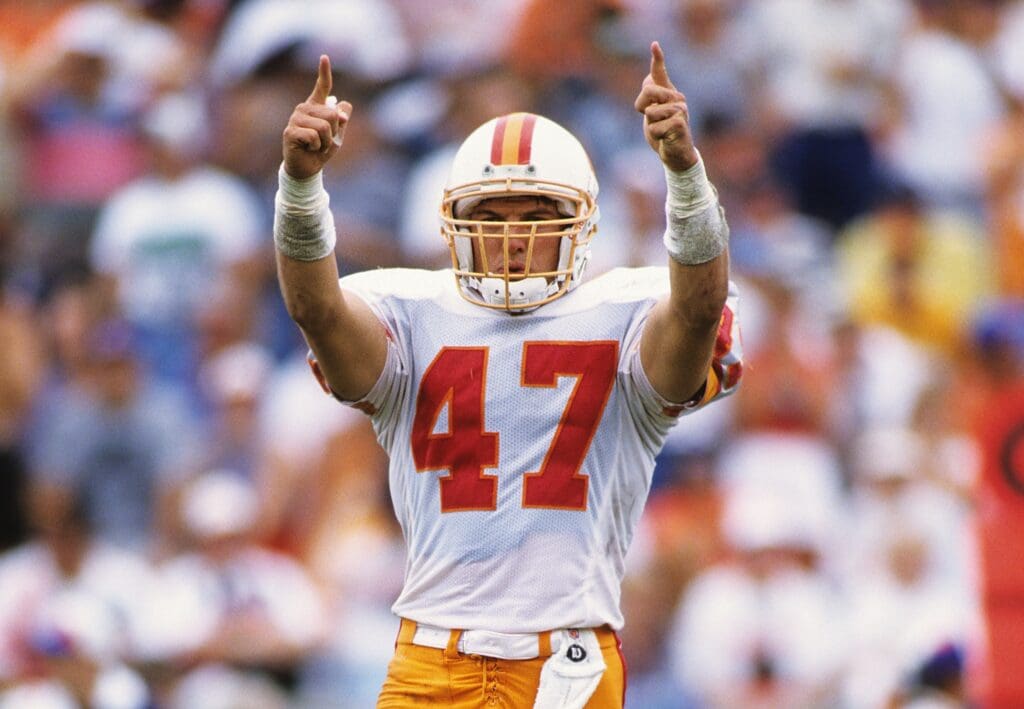 Unknown date, 1995; Tampa, FL USA; FILE PHOTO; Tampa Bay Buccaneers defensive back John Lynch (47) celebrates on the field at Houlihan's Stadium. Mandatory Credit: RVR Photos-USA TODAY Sports
