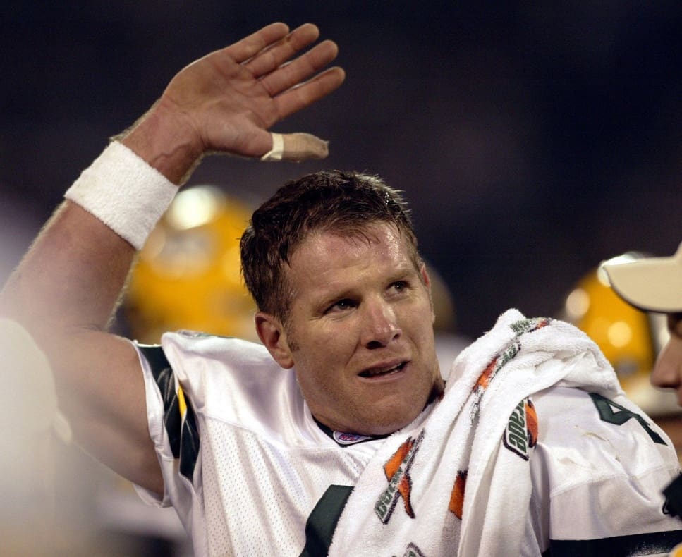 Green Bay Packers Brett Favre waves to his wife, Deanna, in a luxury box after throwing his fourth touchdown pass of the game during the second quarter of their game against the Oakland Raiders Monday, December 22, 2003 at Network Associates Coliseum in Oakland, Calif.Brett Favre Green Bay Packers Whomp Oakland Raiders