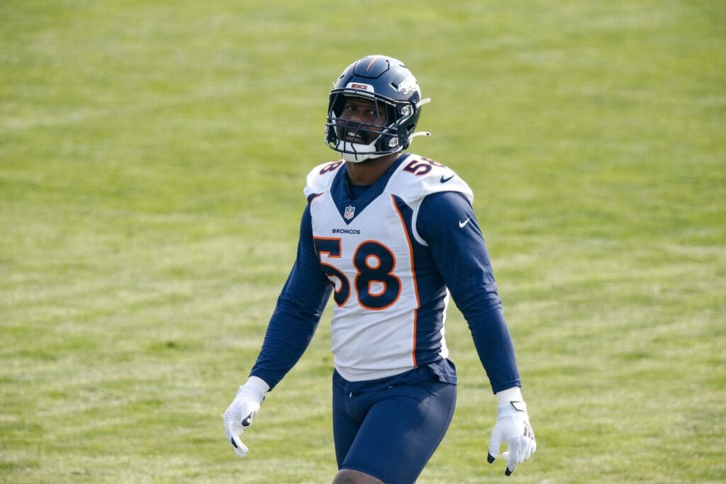 Aug 25, 2020; Englewood, Colorado, USA; Denver Broncos linebacker Von Miller (58) during training camp at the UCHealth Training Center. Mandatory Credit: Isaiah J. Downing-USA TODAY Sports
