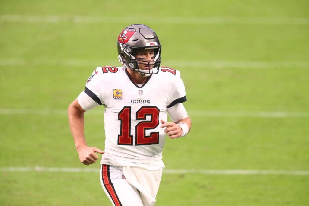 Oct 25, 2020; Paradise, Nevada, USA; Tampa Bay Buccaneers quarterback Tom Brady (12) against the Las Vegas Raiders at Allegiant Stadium. Mandatory Credit: Mark J. Rebilas-USA TODAY Sports