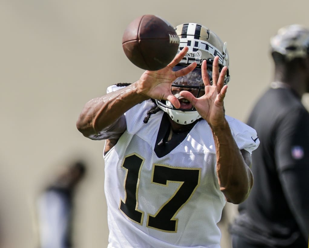Jul 29, 2022; Metairie, LA, USA; New Orleans Saints wide receiver Kevin White (17) works on receiver drills during training camp at Ochsner Sports Performance Center. Mandatory Credit: Stephen Lew-USA TODAY Sports