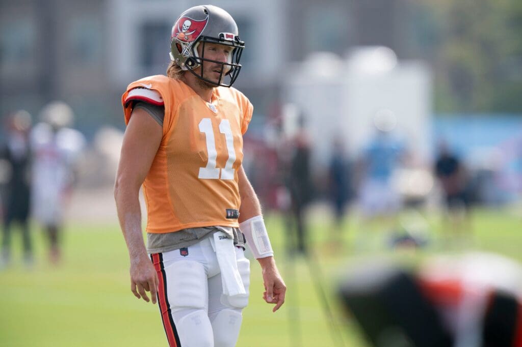 Tampa Bay Buccaneers quarterback Blaine Gabbert (11) warms up during a joint training camp practice against the Tennessee Titans at Ascension Saint Thomas Sports Park Wednesday, Aug. 17, 2022, in Nashville, Tenn.Nas 0817 Titans Bucs 008