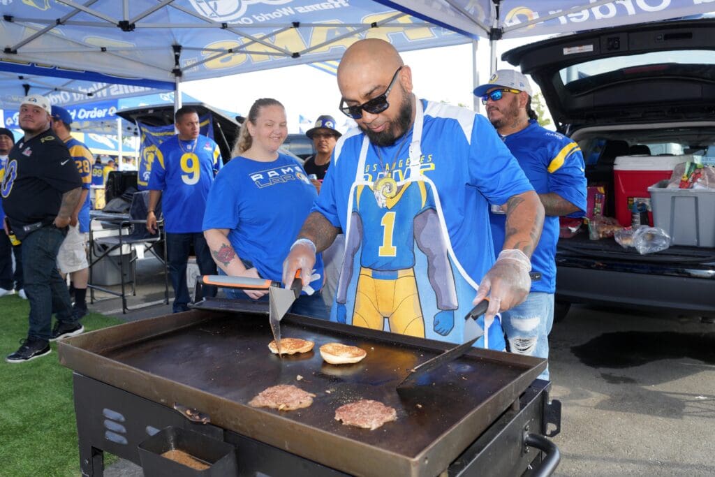 Oct 16, 2022; Inglewood, California, USA; Los Angeles Rams fans tailgate before the game against the Carolina Panthers at SoFi Stadium. Mandatory Credit: Kirby Lee-USA TODAY Sports