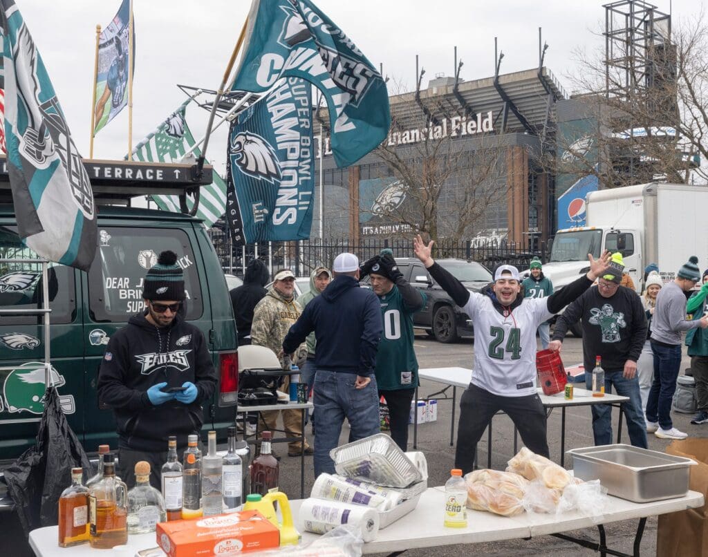 Fans for the Eagles-Giants playoff game show up early to tailgate and party across from Lincoln Financial Field in Philadelphia on January 21, 2023.
Phillytailgating230121