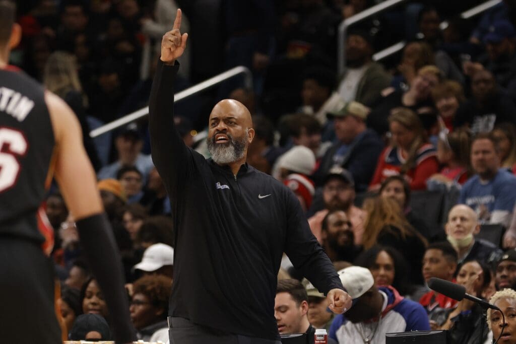 Apr 7, 2023; Washington, District of Columbia, USA; Washington Wizards head coach Wes  Unseld Jr. gestures from the sidelines against the Miami Heat in the third quarter at Capital One Arena. Mandatory Credit: Geoff Burke-USA TODAY Sports