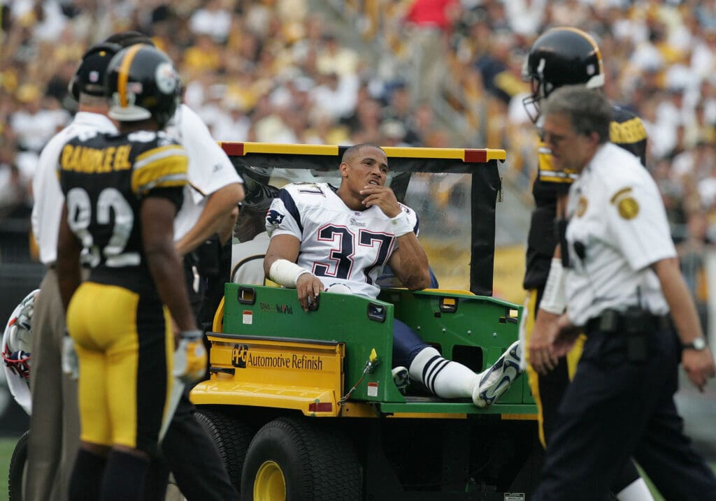 Sep 25, 2005; Pittsburgh, PA, USA; New England Patriots #37 Rodney Harrison is carted off after being injured against Pittsburgh Steelers in the first quarter. Mandatory Credit: Photo By Matthew Emmons- USA TODAY Sports