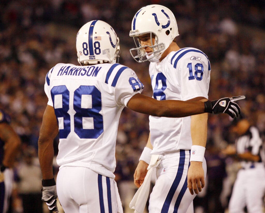 Jan. 13, 2007; Baltimore, MD, USA; Indianapolis Colts quarterback (18) Peyton Manning and wide receiver (88) Marvin Harrison talk during the Colts 15-6 victory over the Baltimore Ravens in their AFC Divisional Playoff game at M & T Bank Stadium. Mandatory Credit: Geoff Burke-USA TODAY Sports Copyright © 2007 Geoff Burke