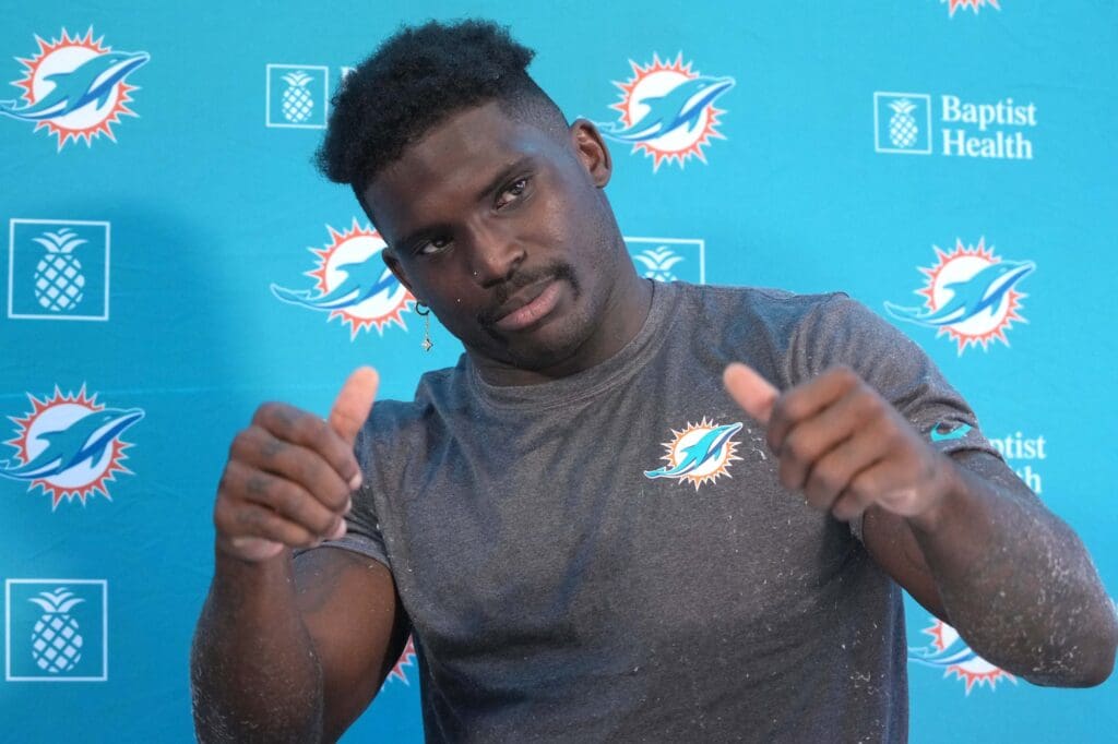 Nov 2, 2023; Frankfurt, Germany; Miami Dolphins wide receiver Tyreek Hill at press conference at the PSD Bank Arena. Mandatory Credit: Kirby Lee-USA TODAY Sports