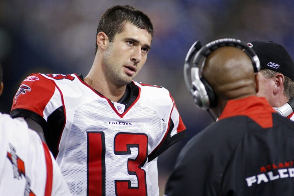 Sep 9, 2007; Minneapolis, Minnesota, USA: Atlanta Falcons quarterback (13) Joey Harrington listens on the sidelines to his coaches during the game against the Minnesota Vikings at the Metrodome. The Vikings won 24-3. Mandatory credit: Photo by Bruce Kluckhohn USA TODAY Sports Copyright © Bruce Kluckhohn.